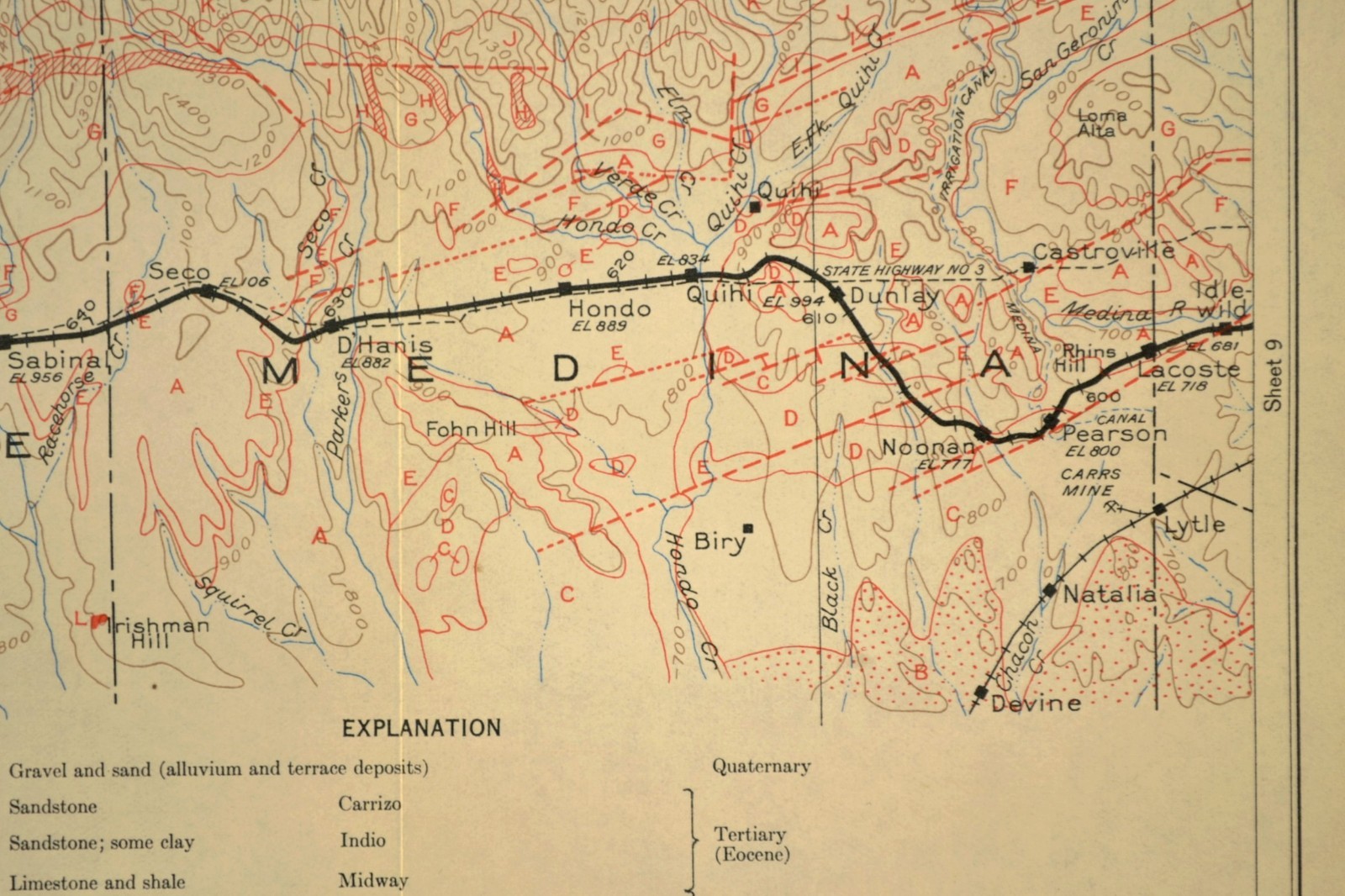 Southern Pacific RR Map Hondo Texas Medina County Castroville Devine Lytle