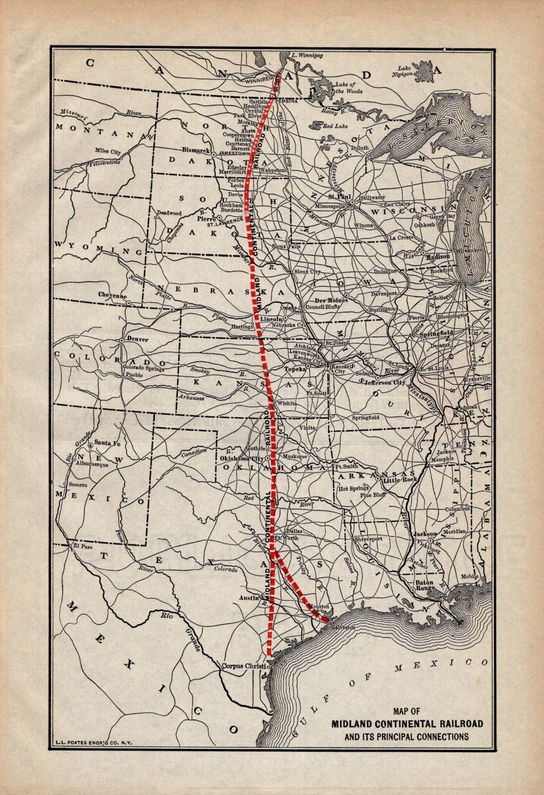 1912 Antique Midland Continental Railroad Map Vintage Railway Map 2386