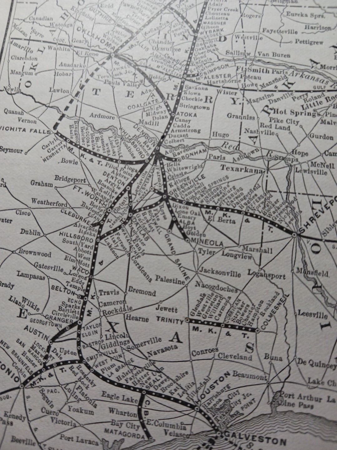 ~1904 Train Route Map MISSOURI KANSAS & TEXAS RAILWAY Vintage Railroad MK&T line