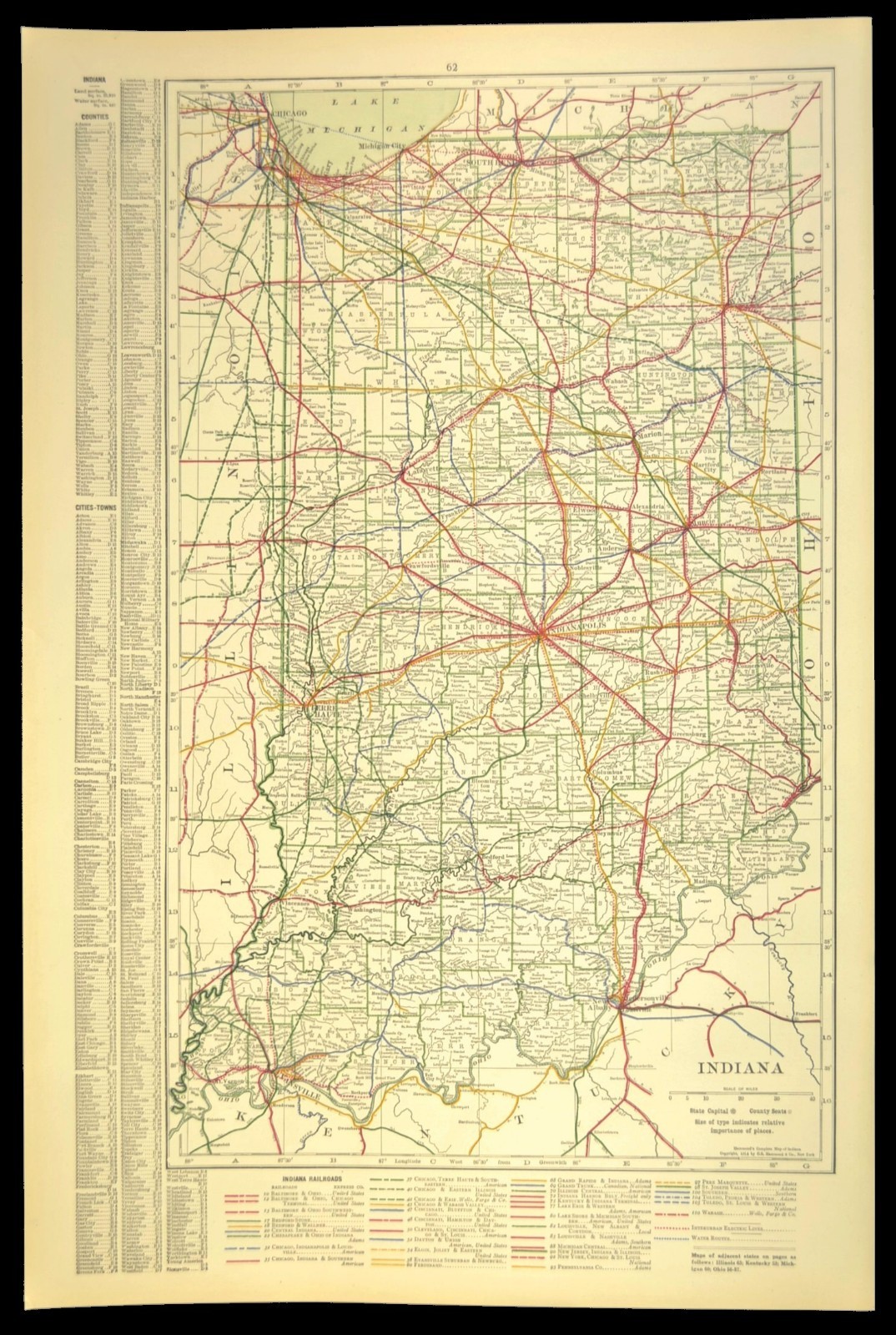 1914 Antique Map of INDIANA Railroads Map ORIGINAL Atlas Map CCC & St L Ry DATED