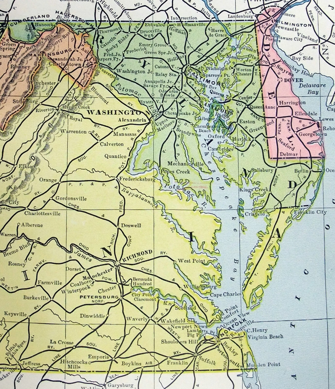 Maryland Delaware Virginia ^& W Va – Original 1907 Railroad Map. Antique