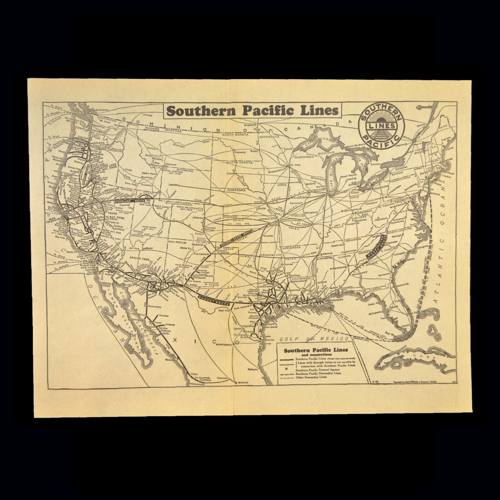 1930 Vintage SOUTHERN PACIFIC Railroad Map Original Railway Map Antique