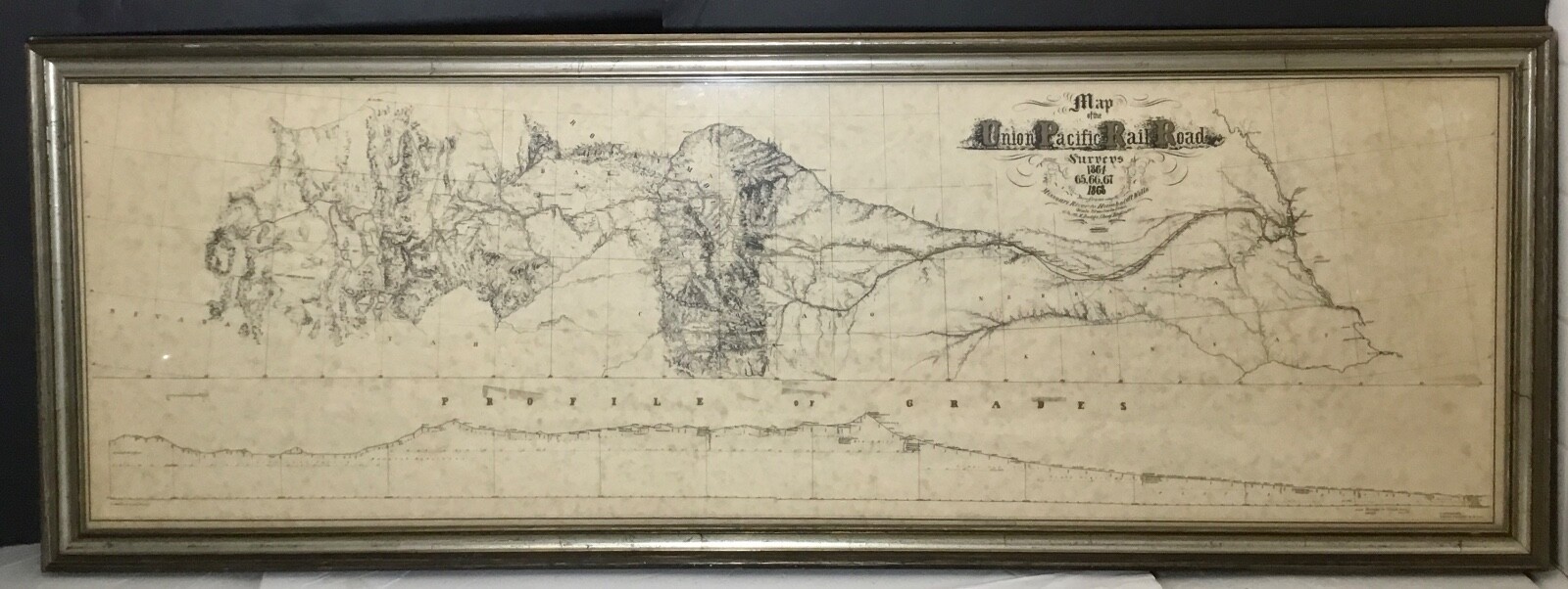 COMMEMORATIVE 1864-1868 UNION PACIFIC RAIL ROAD SURVEYS MAP 16″T x 48″W FRAMED