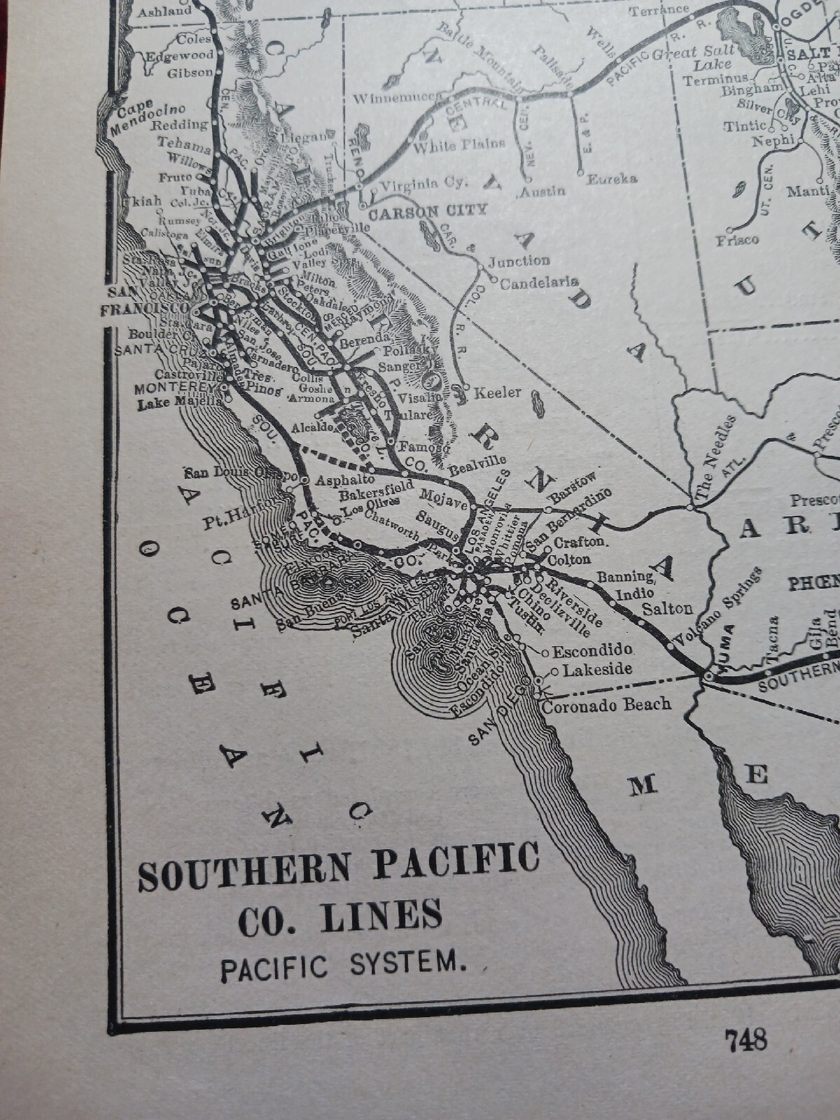 ☆1898 Railroad Map SOUTHERN PACIFIC LINES Pacific System AZ CA NV OR UT Train