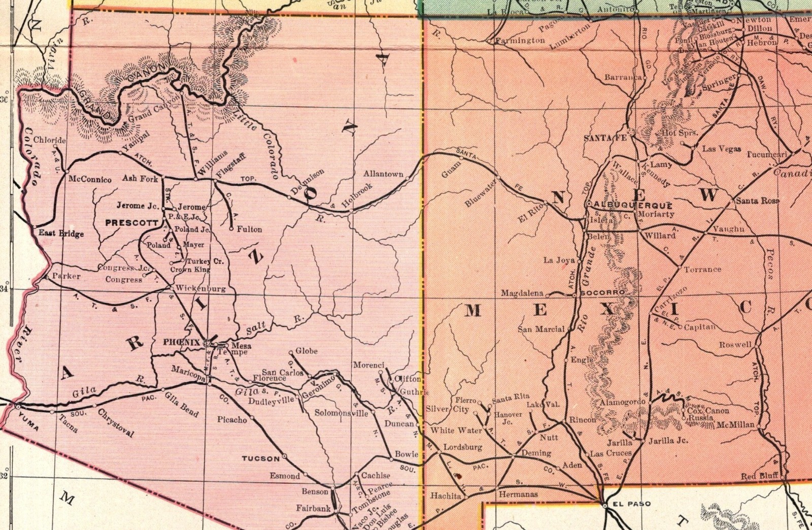 1908 Antique Utah Colorado Arizona New Mexico Railroad Map Railway Map 2689