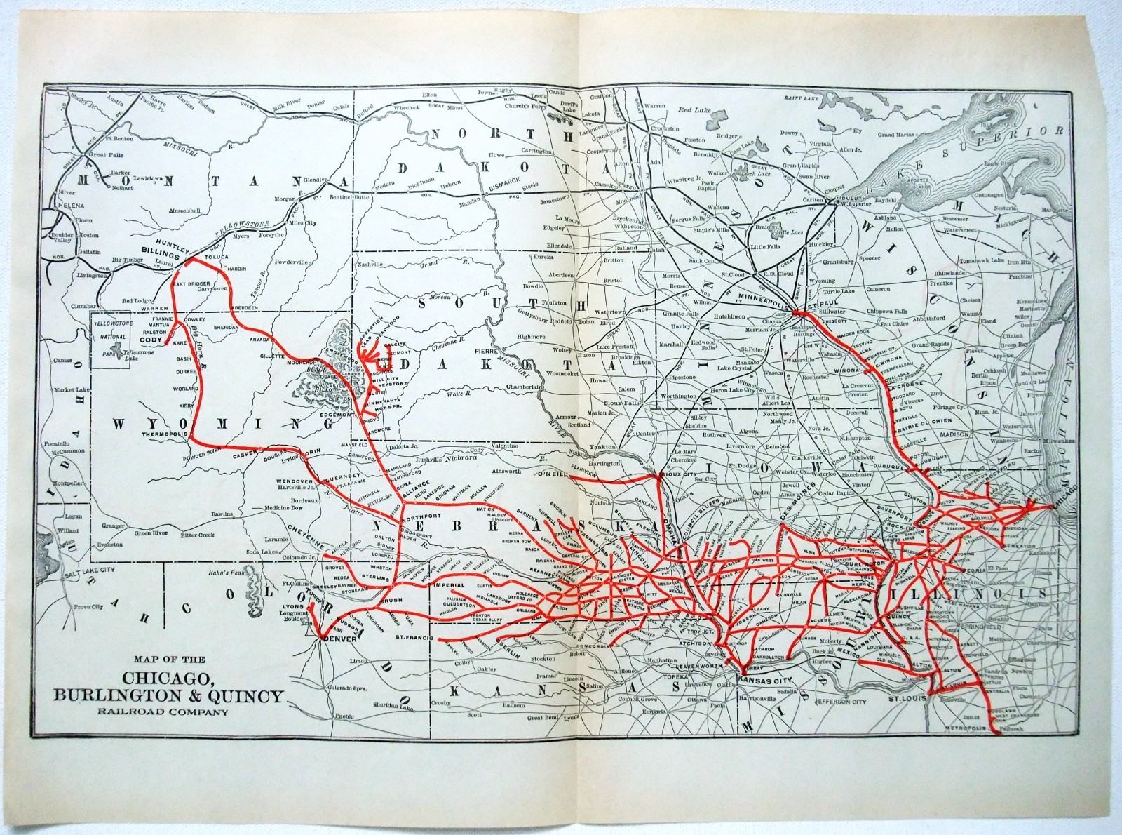 Chicago Burlington & Quincy Railroad – Original 1929 System Map. CBQ Antique