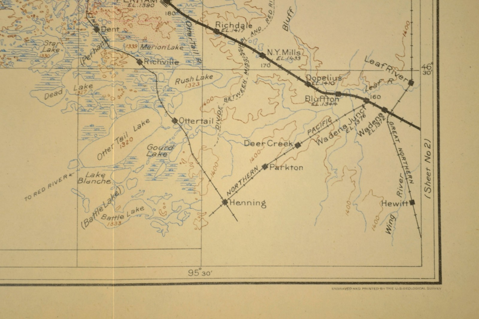 Antique Northern Pacific Railroad Map Detroit Lakes Minnesota Perham Wadena