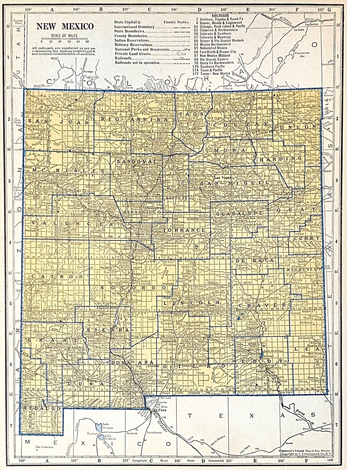 NEW MEXICO & NEW JERSEY c 1935 County & Railroad Maps. Hammond & Co. 9×12″