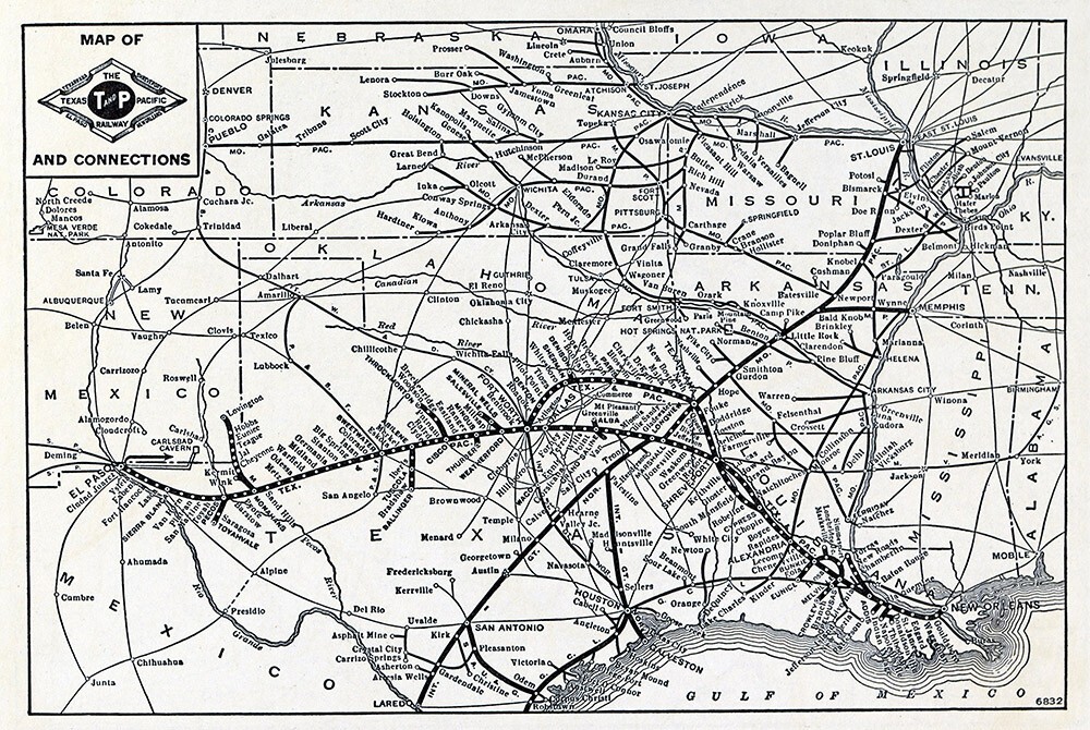 1941 LaSalle Railroad Map Texas & Pacific Railway New Orleans Dallas El Paso TX