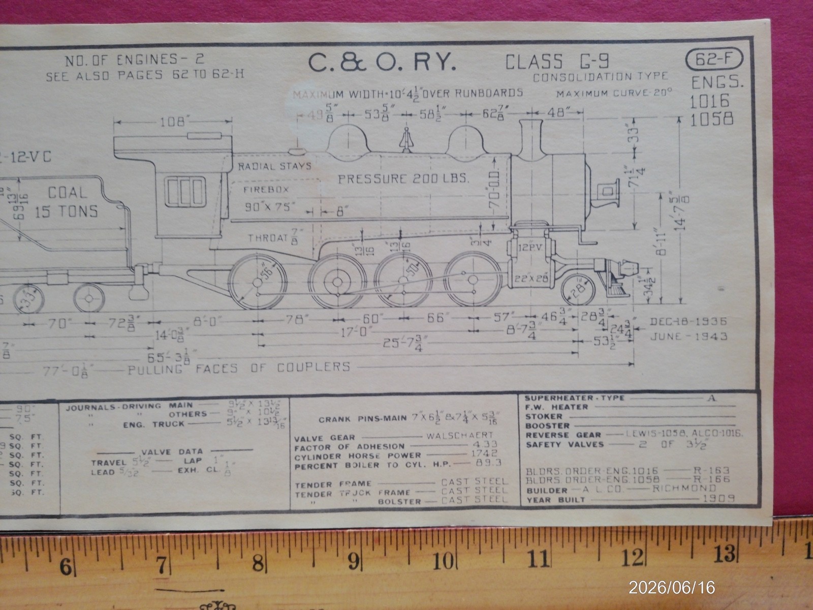 CHESAPEAKE & OHIO RAILROAD ORIG PRINTED DIAGRAM CLASS G-9 LOCOMOTIVE #1016 #1058