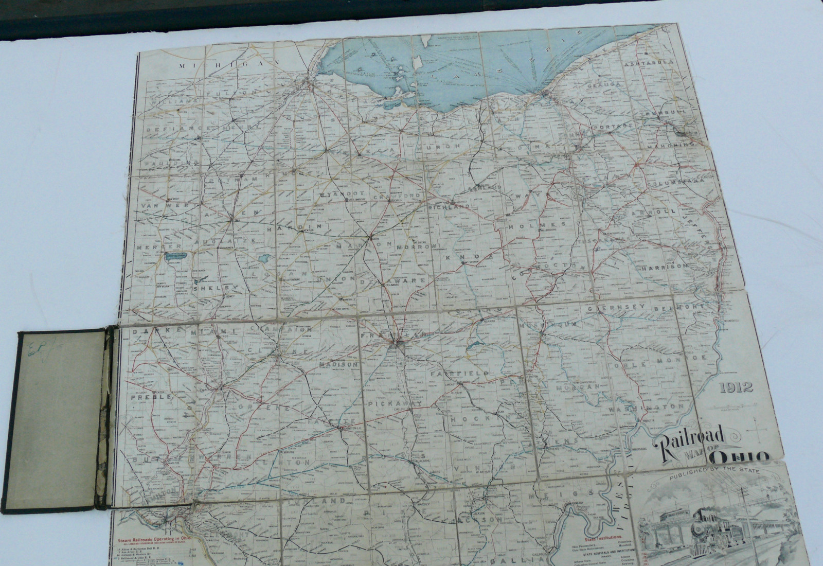 OHIO RAILROAD MAP 1912 FOLDING LINEN MAP STEAM ENGINES STATE