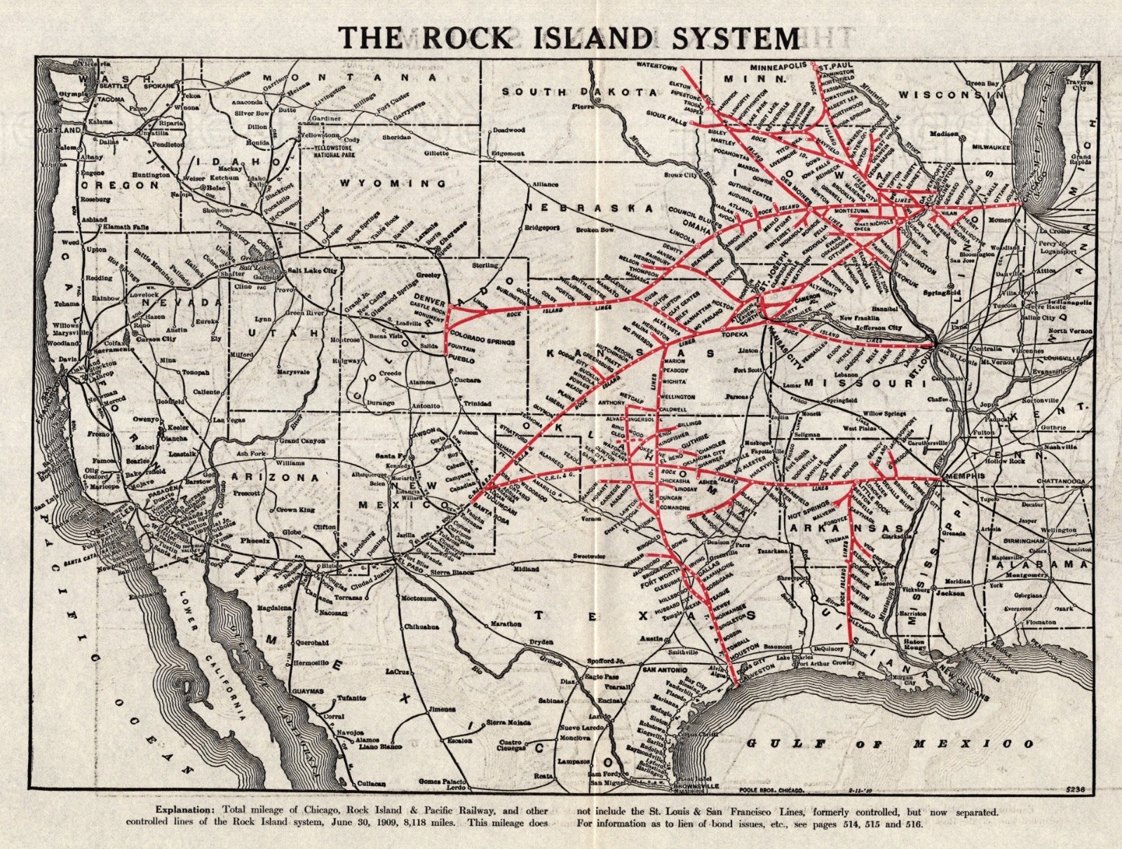 1910 Antique Chicago Rock Island Pacific Railroad Map Rock Island System 2653