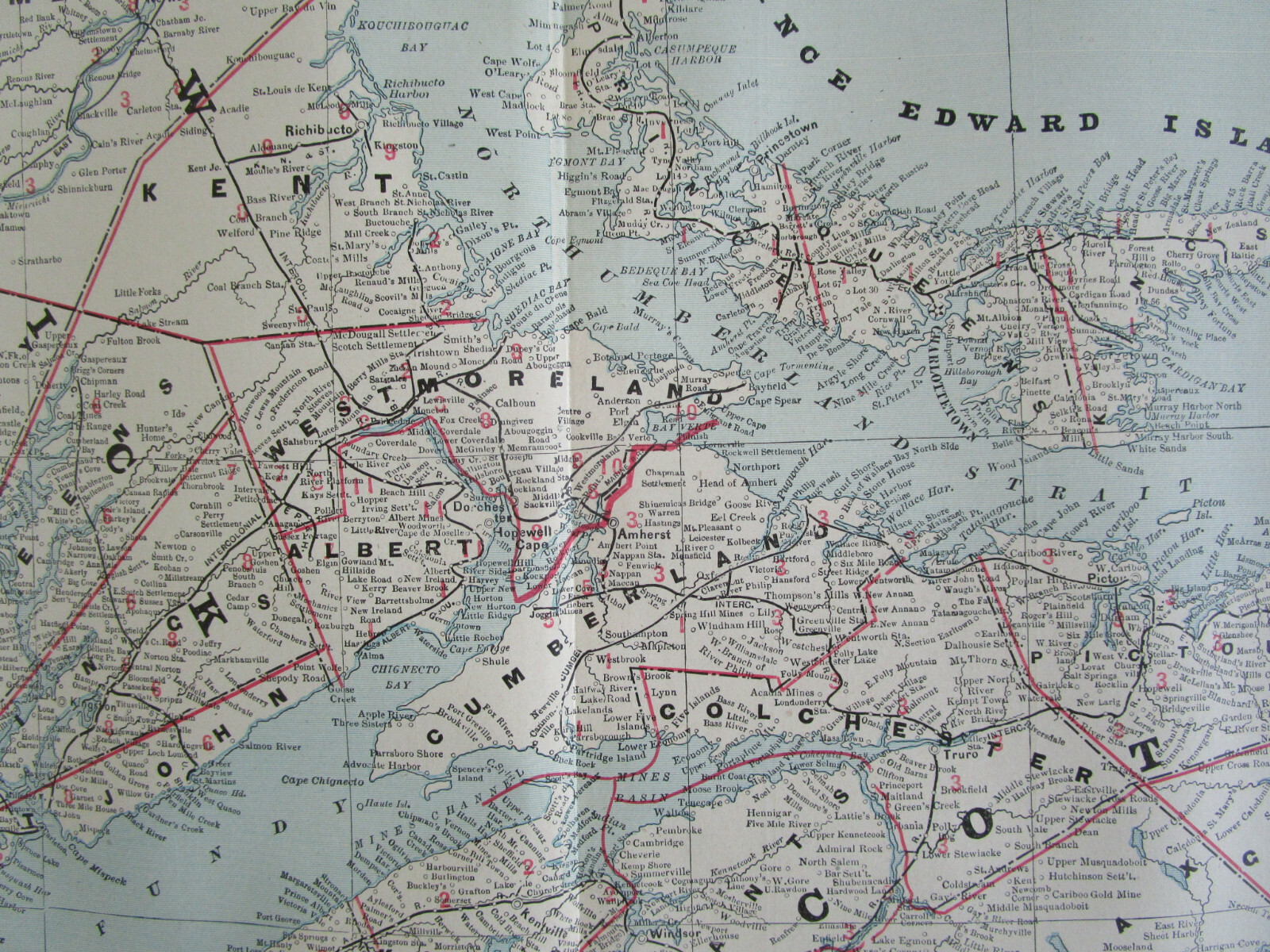 1895 Antique NEW BRUNSWICK & NOVA SCOTIA CANADA Cram RAILROAD Map ELGIN HAVELOCK