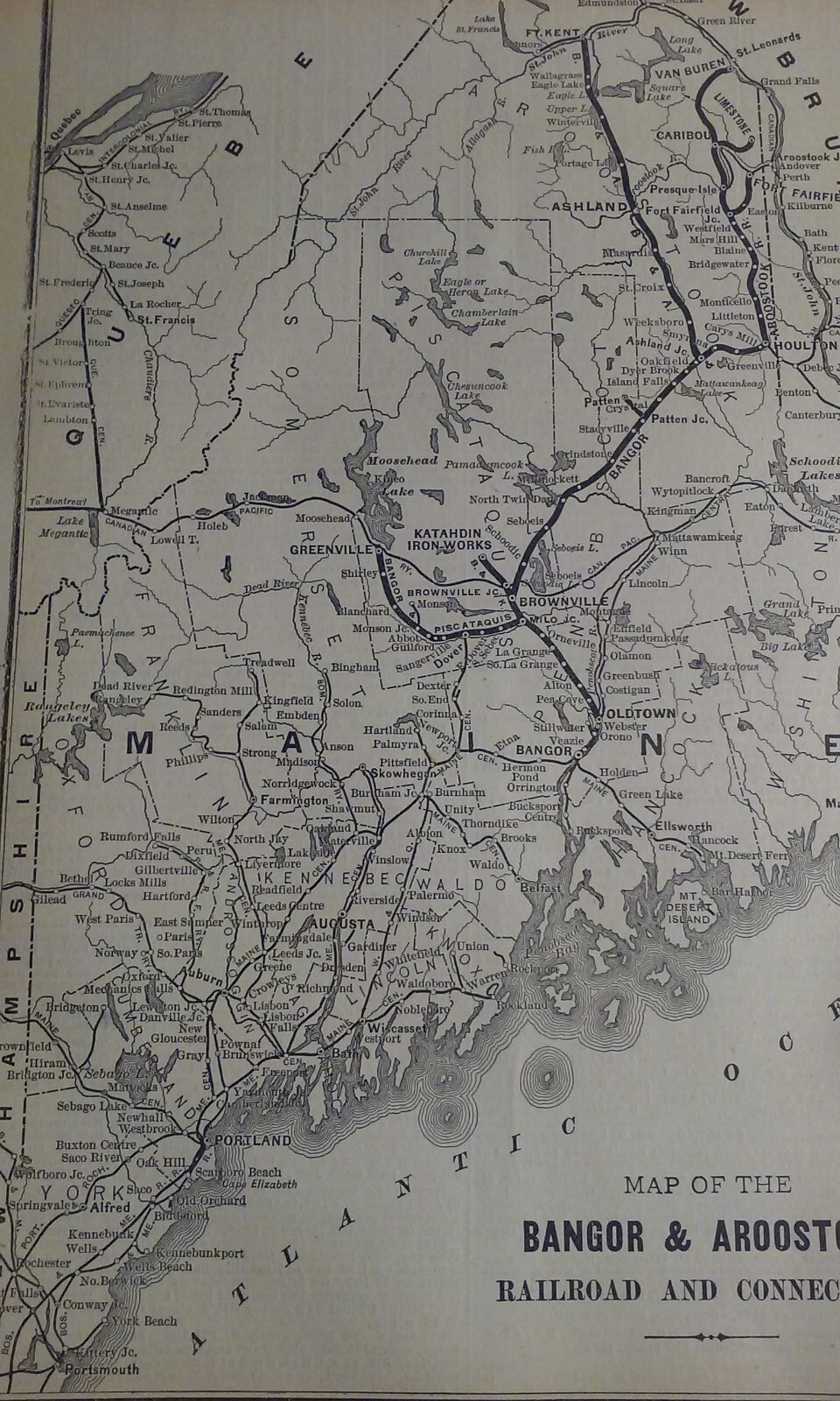 Rare 1903 Railroad Map of The BANGOR & AROOSTOOK RAILROAD Routes & Connections