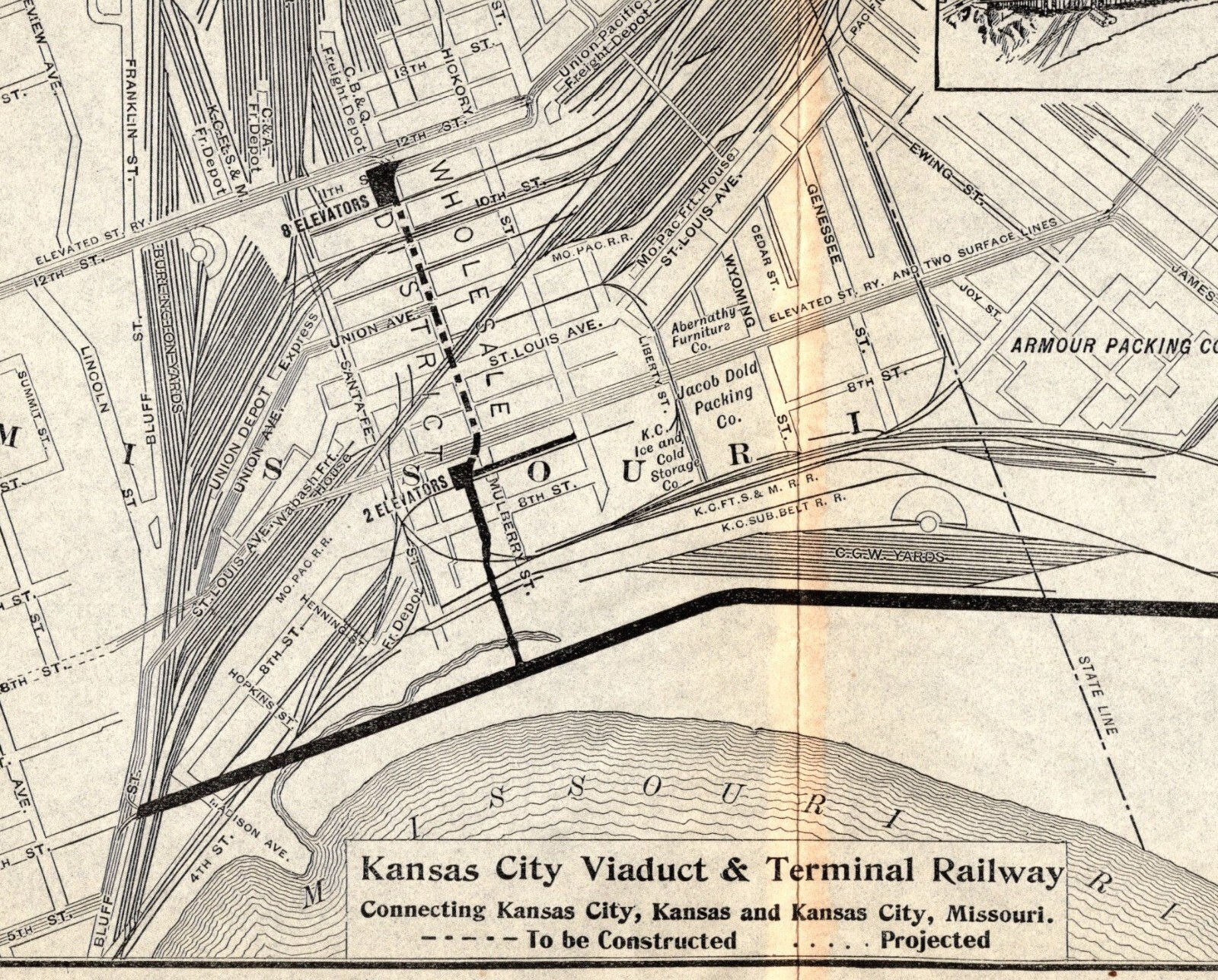 1908 Antique Kansas City Viaduct & Terminal Railway Map 1264