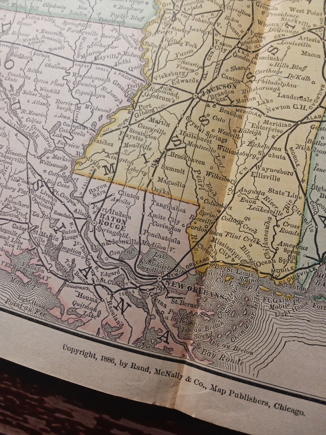 1886 Train Route Map Alabama Louisiana Mississippi TN AR Railroad Lines 9″x 11″