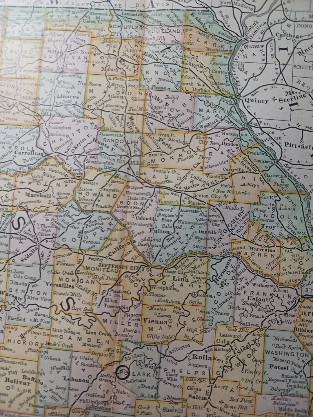 1884 vintage Railroad Map MISSOURI Train Line Routes Railway Town Stations 9×11″