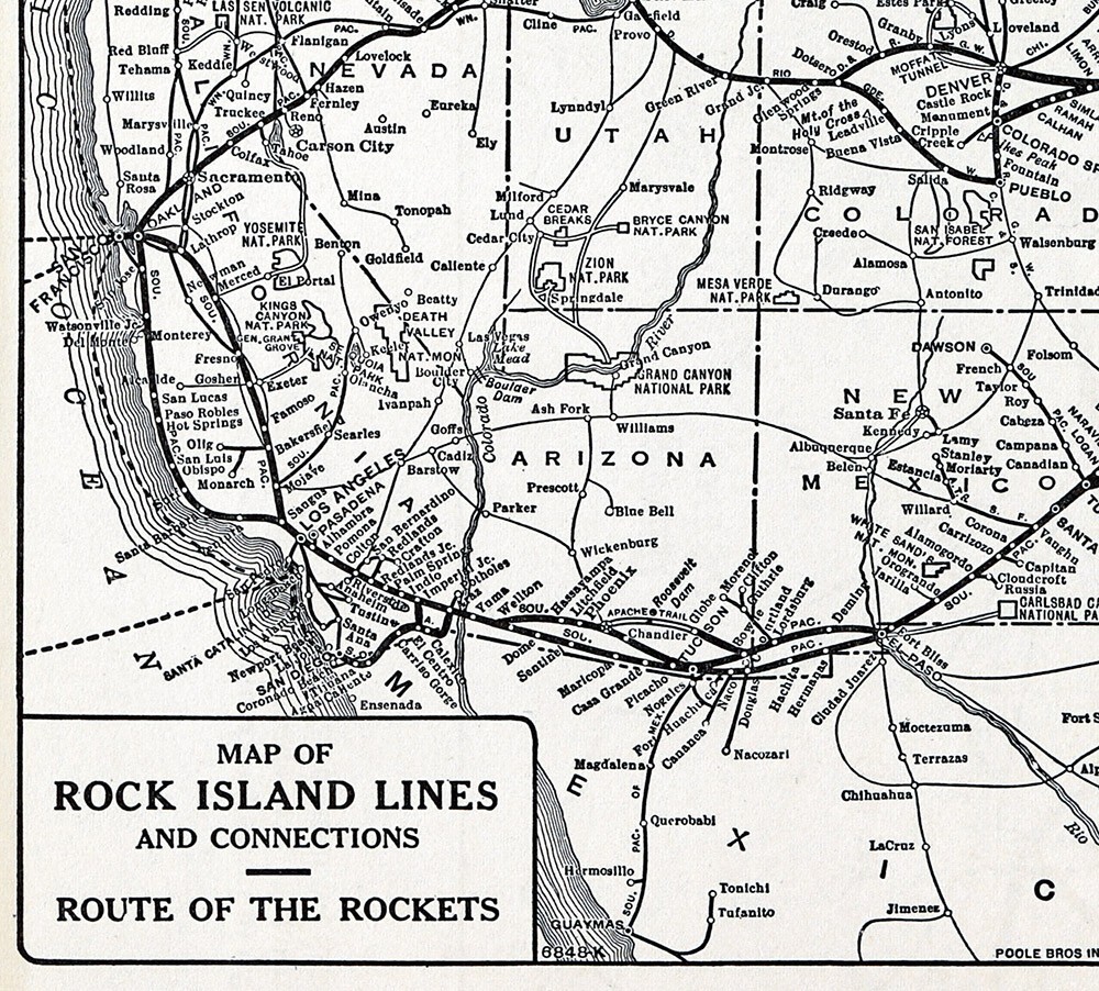 1941 Poole Bros Railroad Map Rock Island Rockets Chicago Pacific Railways RR