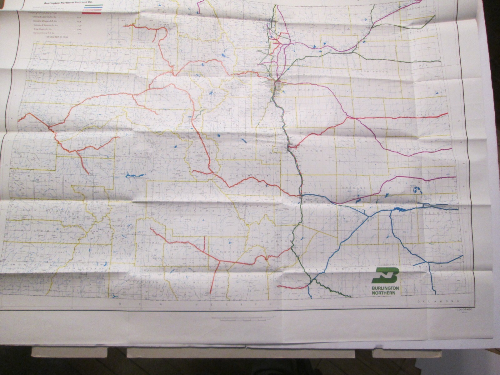 Large Burlington Northern State Railroad Map of Colorado 1983