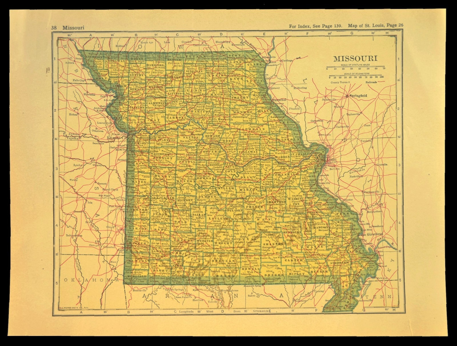 ca 1920 MISSOURI Map of Missouri Railroad Map St Louis Kansas City Atlas Map