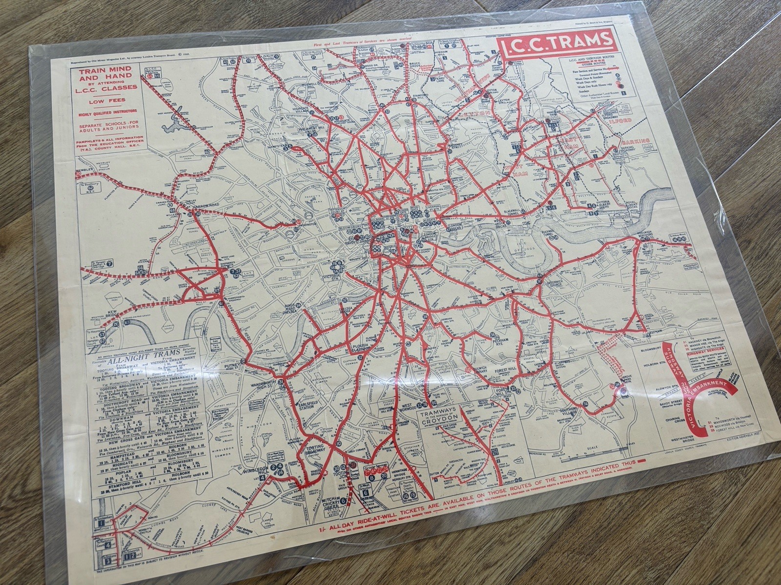 1932 LCC Trams Map Timetable London County Council Tramways Original Nov