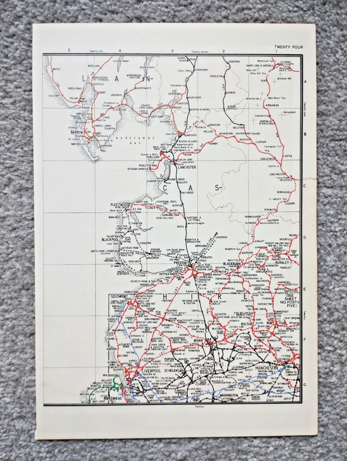 Vintage 1976 map showing Pre Grouping Rail Lines of Lancashire
