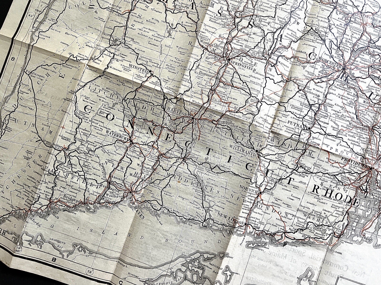 1910 NEW ENGLAND COMMERCIAL & ROUTE SURVEY MAP Towns Populations Rail Fishing