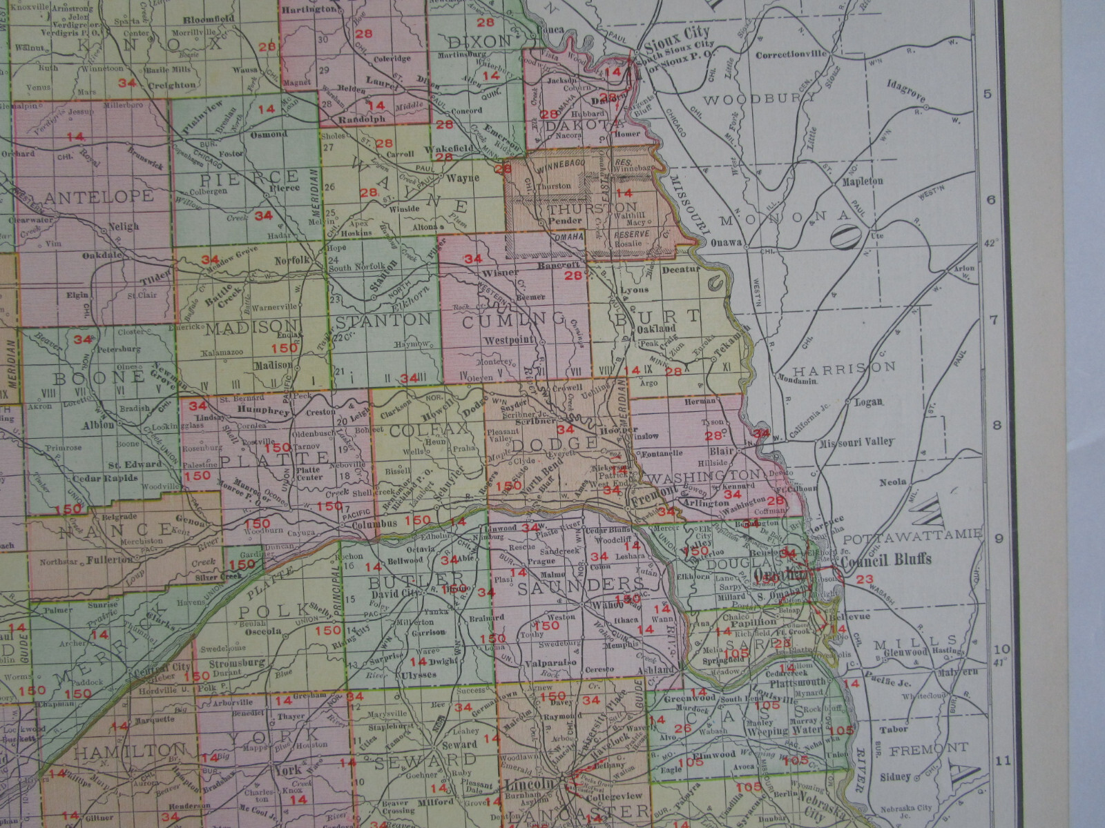 NE ANTIQUE 1912 DATED NEBRASKA RAILROAD Map. ST JOSEPH & GRAND ISLAND RR, ATSF
