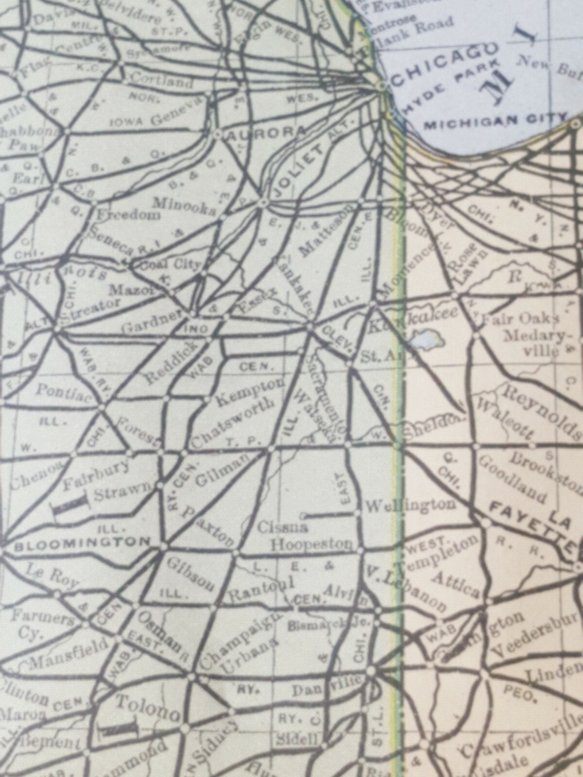 Original 1894 railroad map Drawn by American Bank Note Co. Illinois Indiana 11×9