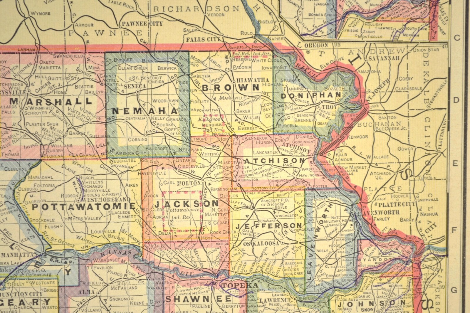 Antique KANSAS Map Railroad LARGE Original AT&SF Missouri Pacific RR MKT
