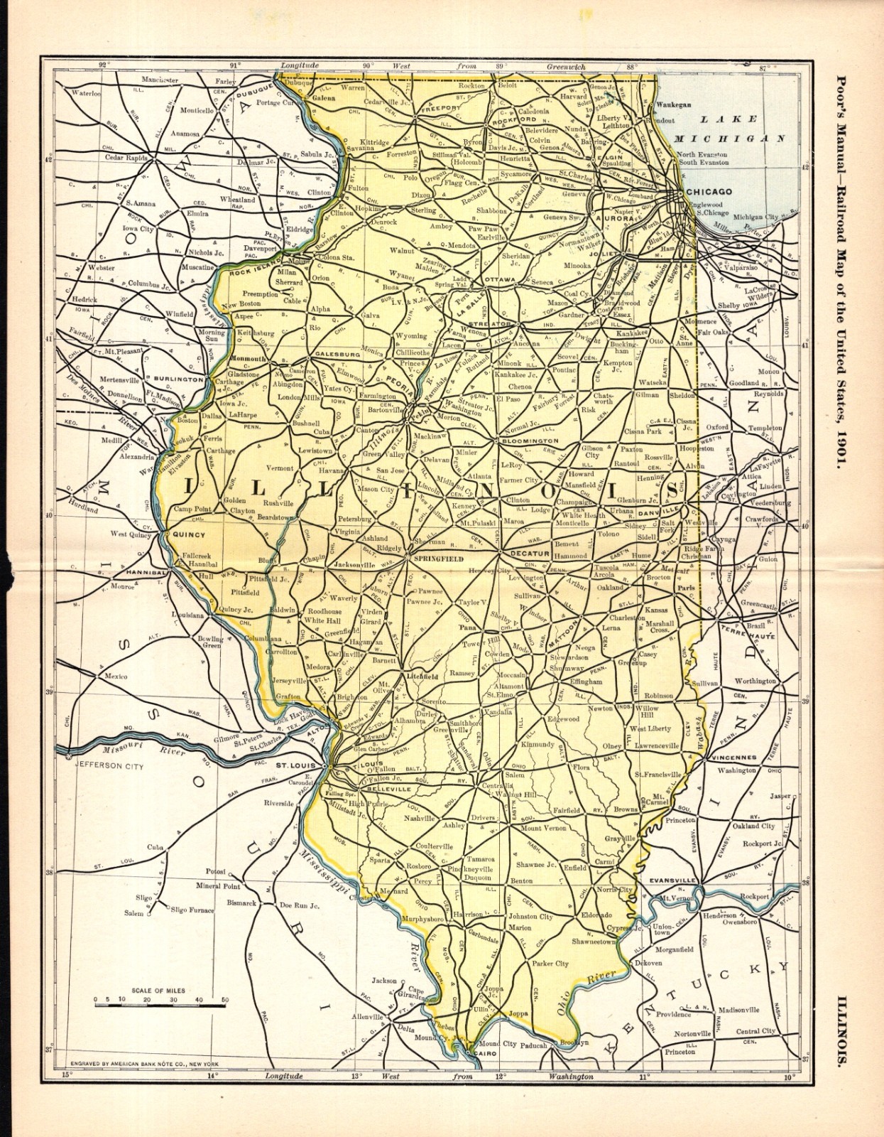 1901 Antique Illinois Railroad Map Pennsylvania L & N Illinois Central 2688
