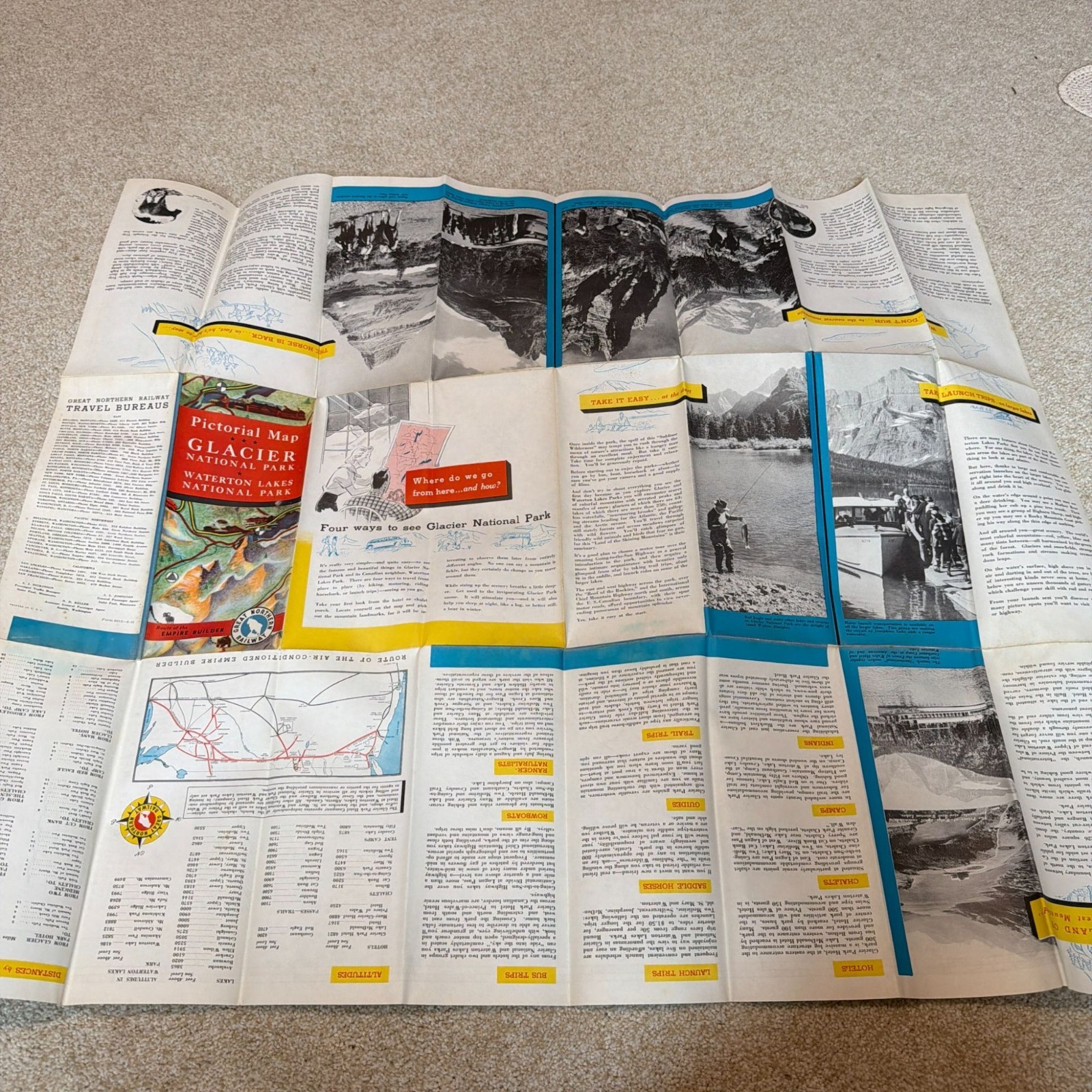Vintage 1939 Great Northern Railway Pictorial Map Glacier National Park Waterton
