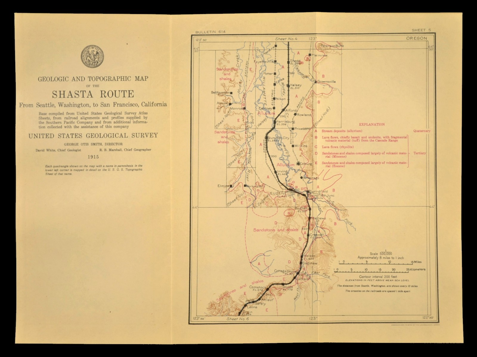 1915 Southern Pacific Railroad Map Eugene Oregon Cottage Grove OR Shasta Route