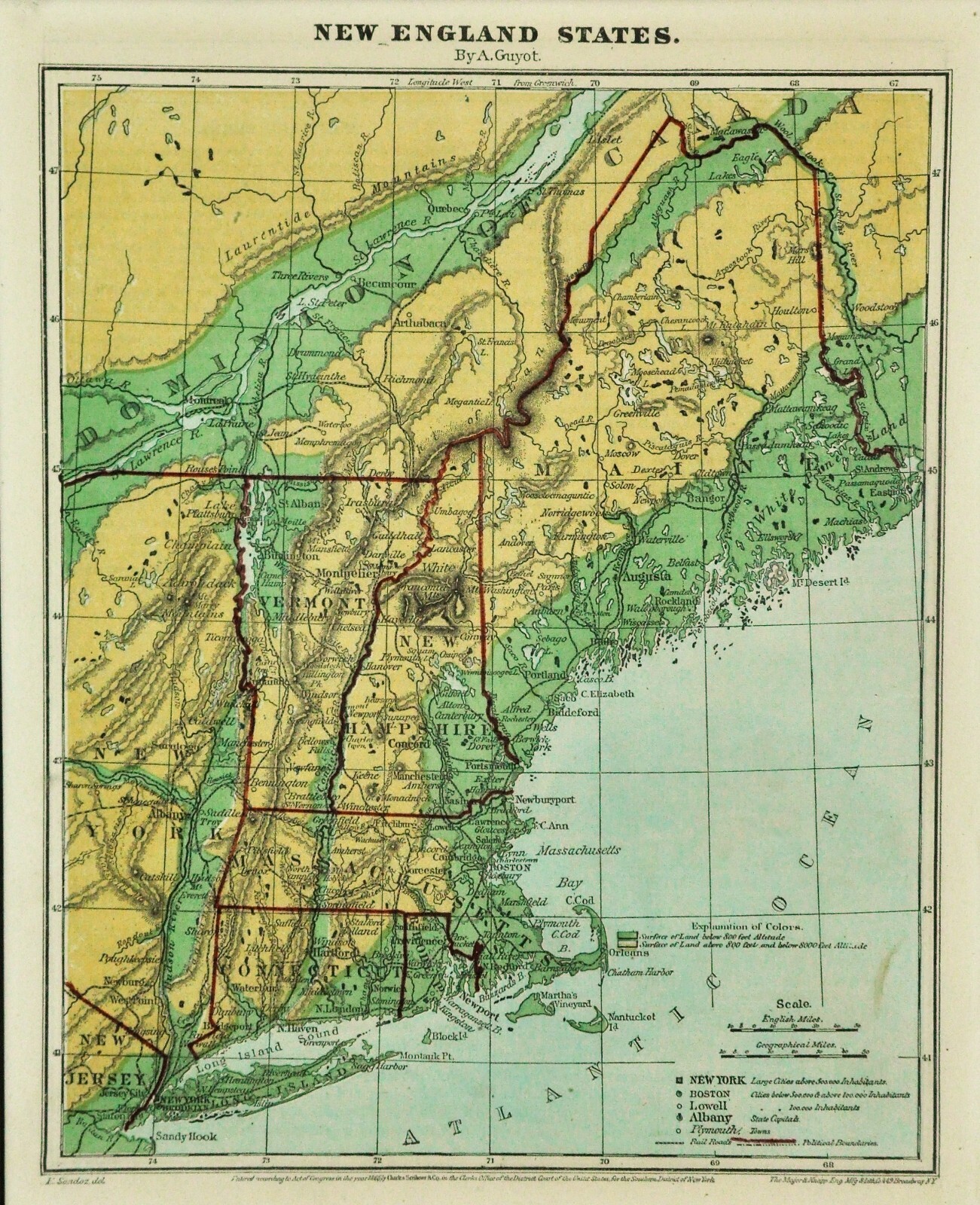 1865 Guyot Physical Map New England States 10 ¾” x 8 ¼” (BI#2100-RA/191108)