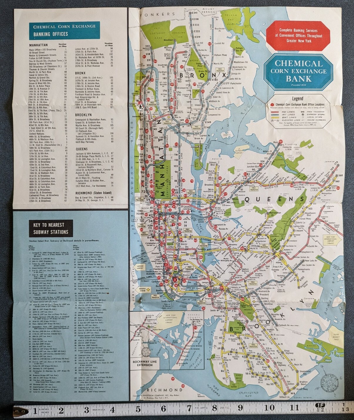 1958 New York City Hagstrom Map Subway IND IRT BMT RR NYC Chemical Corn Exchange
