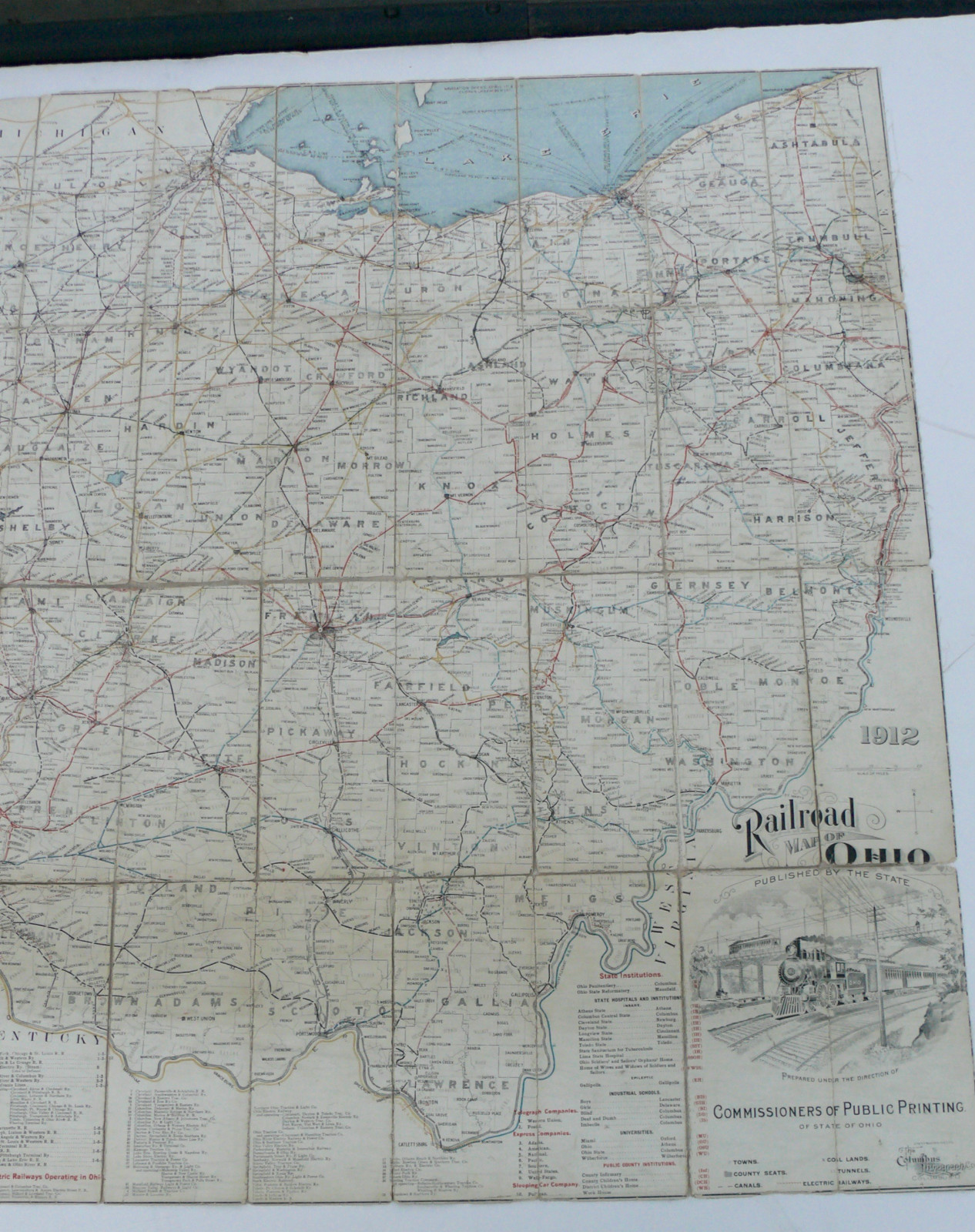 OHIO RAILROAD MAP 1912 FOLDING LINEN MAP STEAM ENGINES STATE