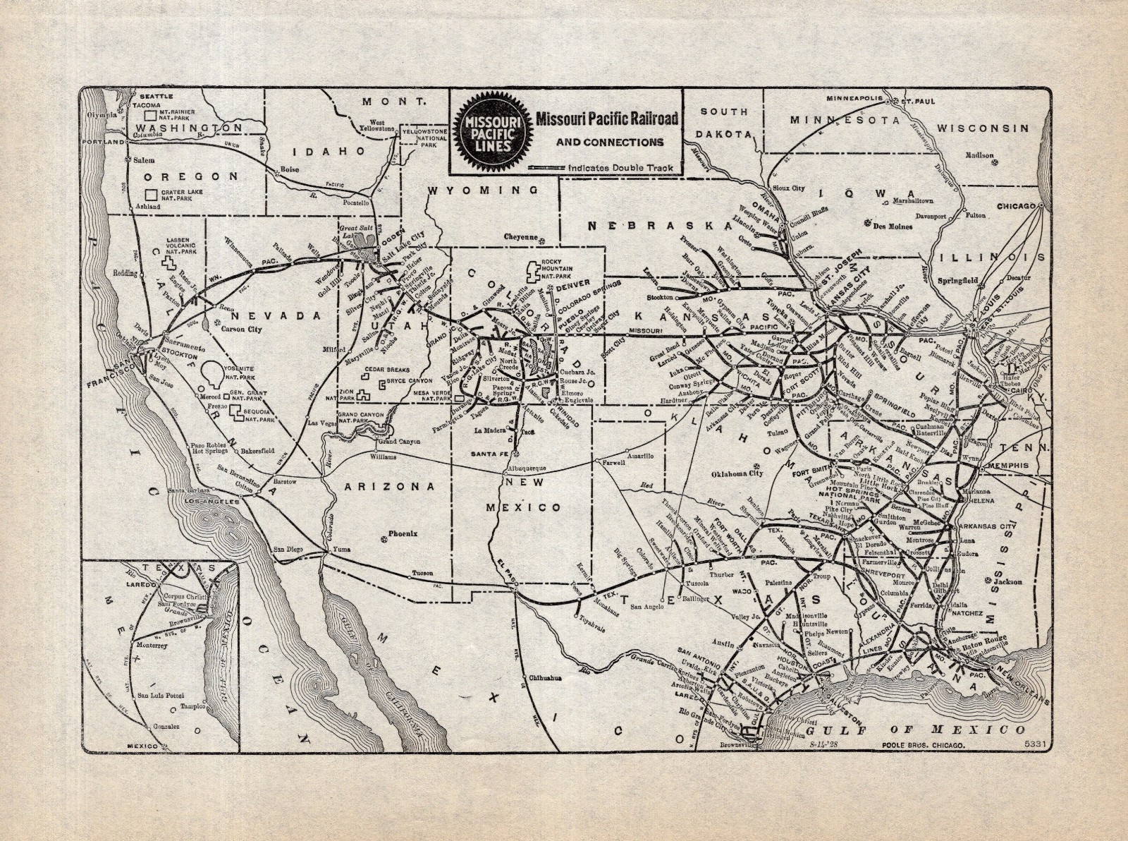 1928 Antique Missouri Pacific Railroad System Map Vintage Railway Map 2864