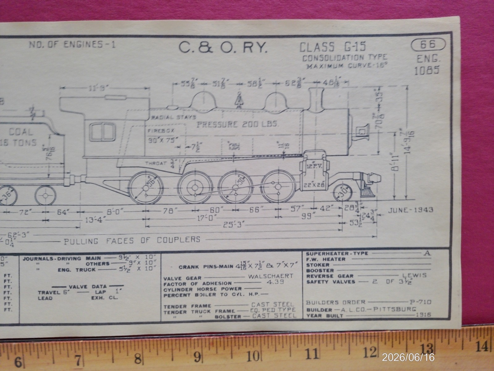 CHESAPEAKE & OHIO RAILROAD ORIG PRINTED DIAGRAM CLASS G-15 LOCOMOTIVE #1085