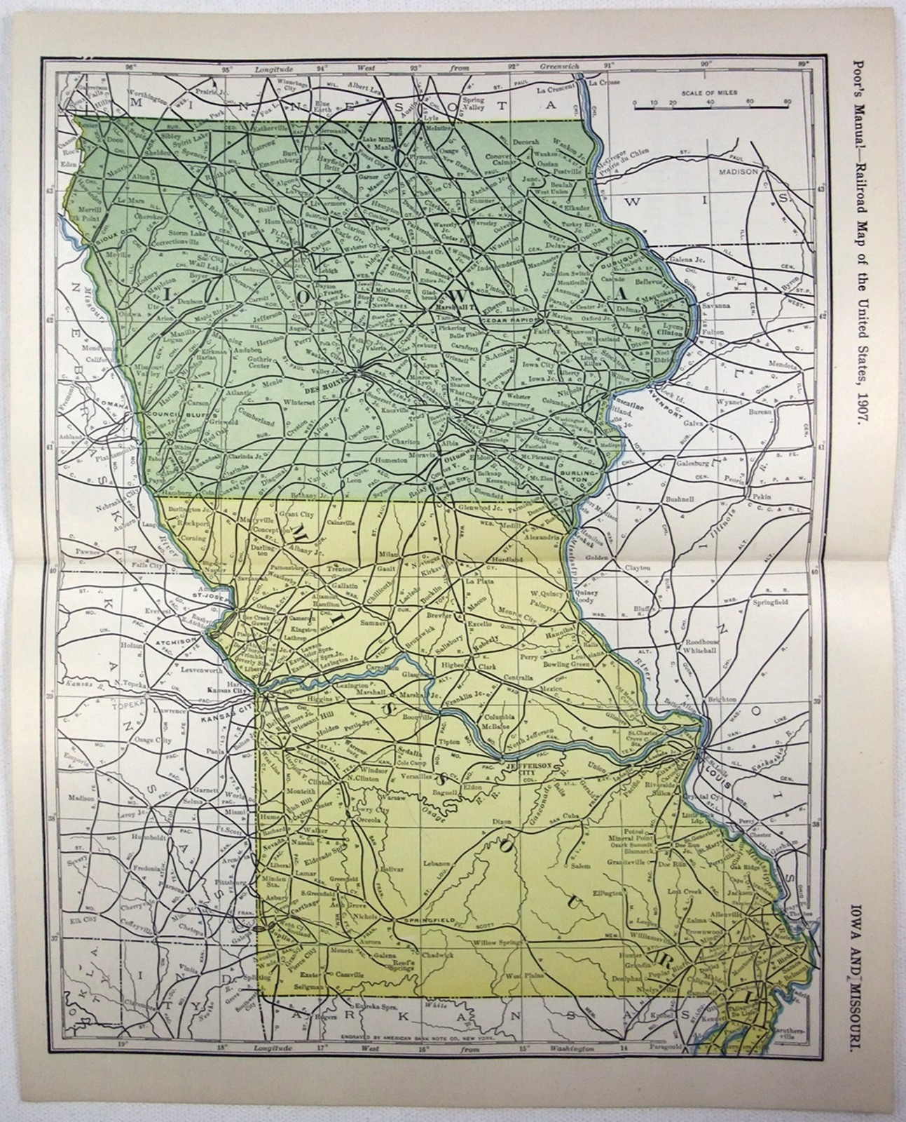 Iowa & Missouri – Original 1907 Railroad Map. Antique