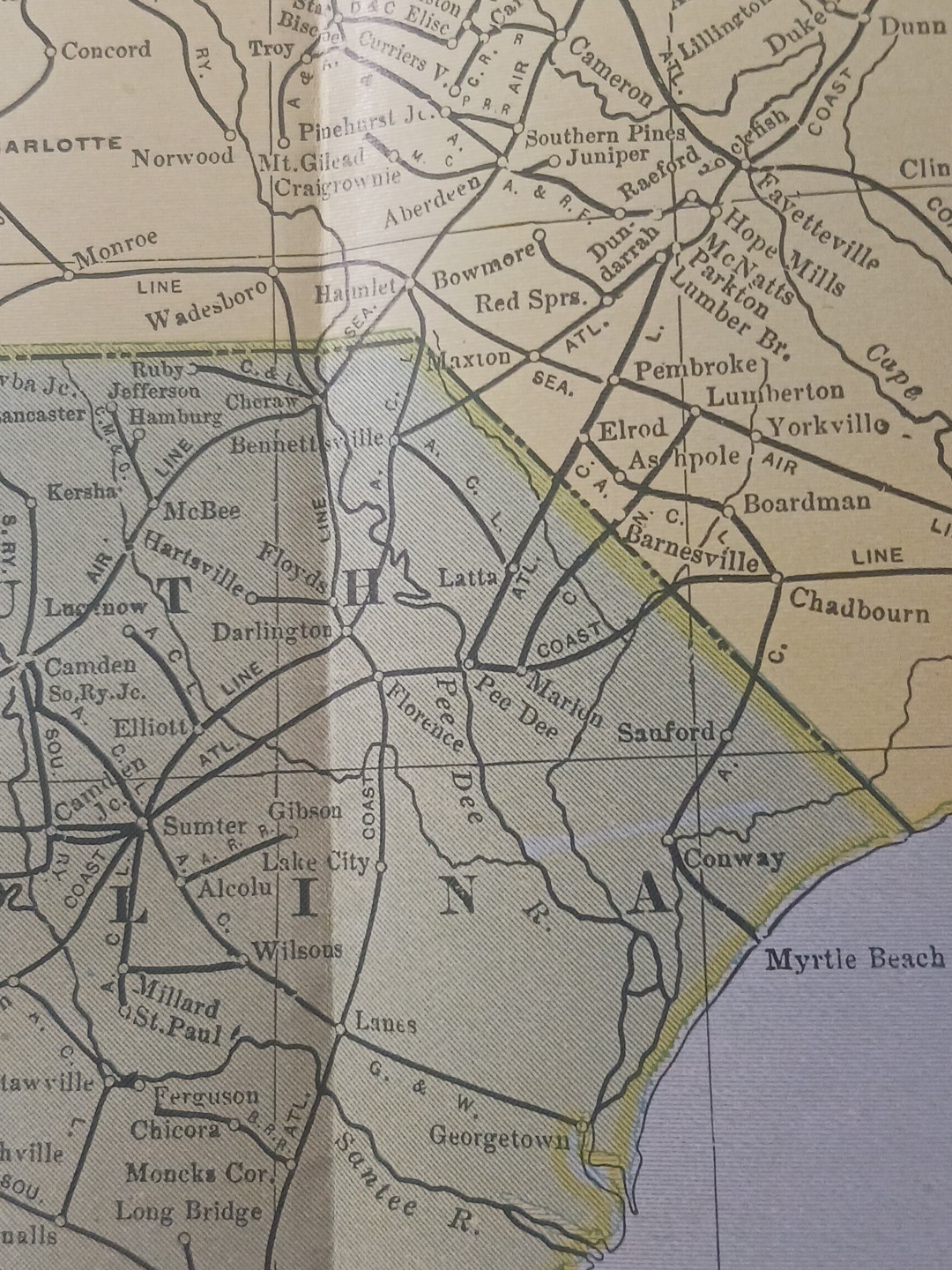1905 Train Route Map North & South Carolina ALL old Railroad Lines Towns 11×9″