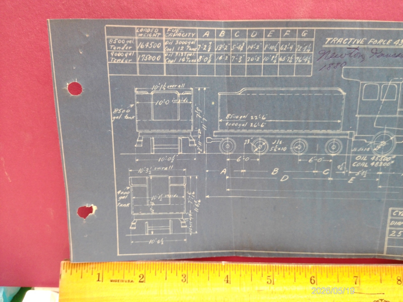 AT&SF RAILROAD ORIGINAL BLUEPRINT DATA DIAGRAM w 2 PHOTOS #1800 2-6-2 LOCOMOTIVE