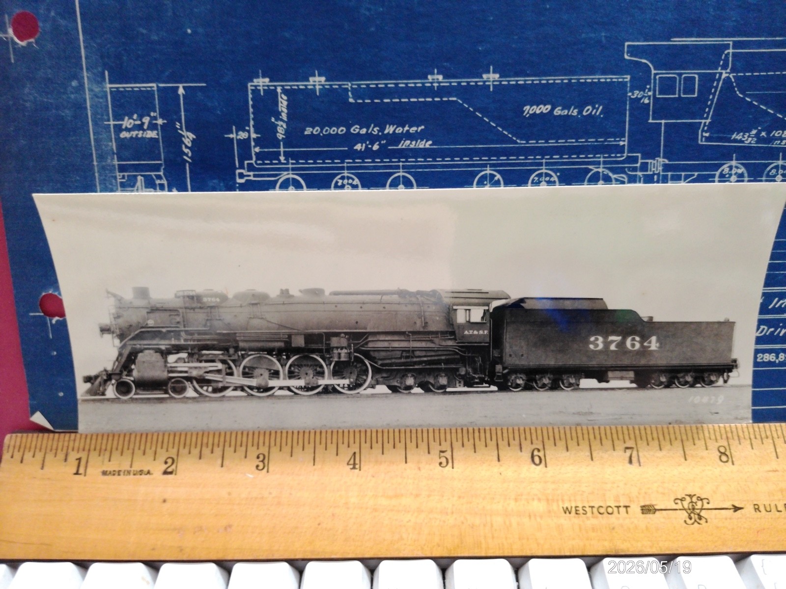 AT&SF RAILROAD ORIG BLUEPRINT DATA DIAGRAM w 2 PHOTOS #3764 4-8-4 LOCOMOTIVE