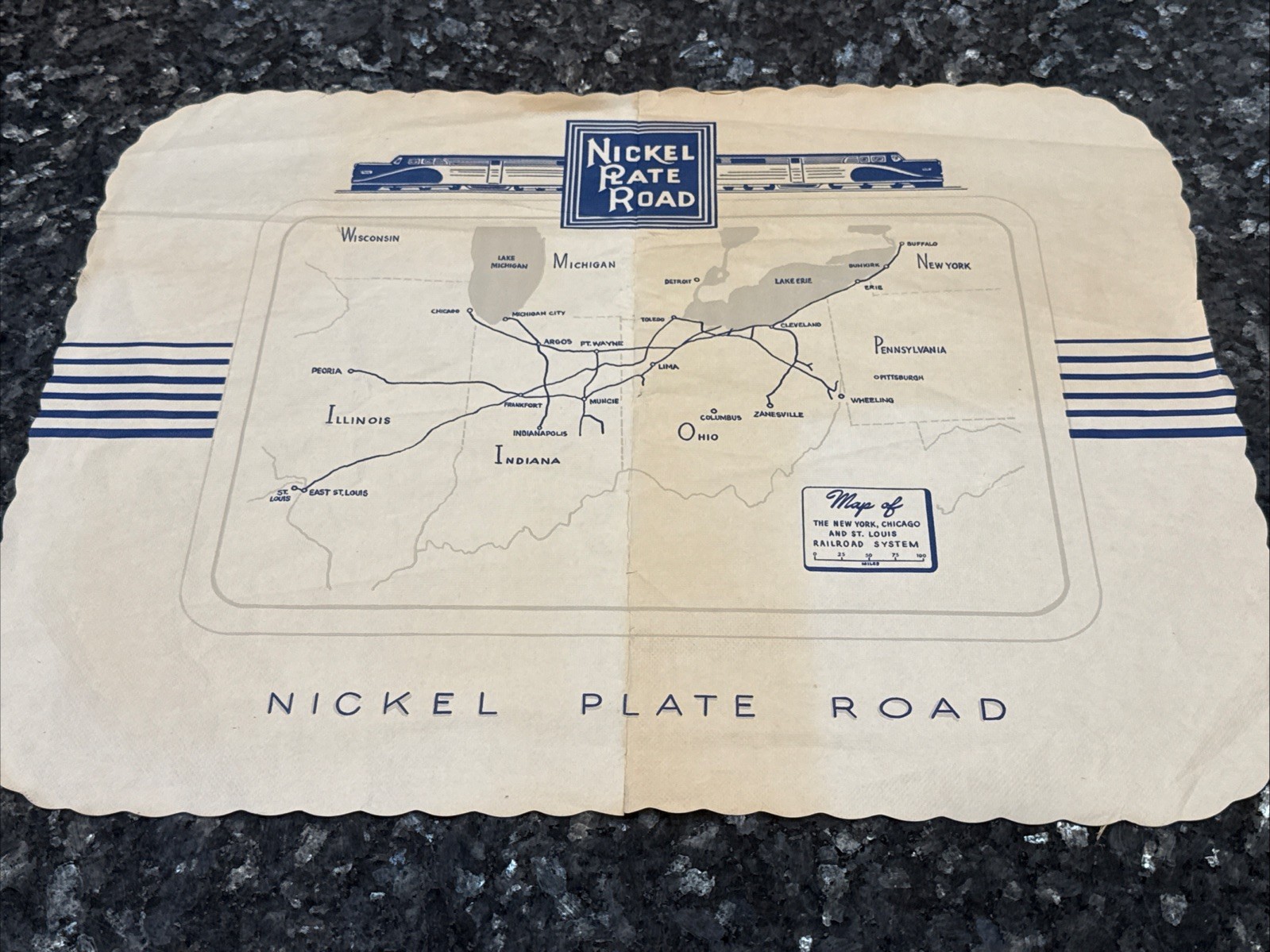 Vintage Nickel Plate Road Railroad System Map Placemat Collectible 1957