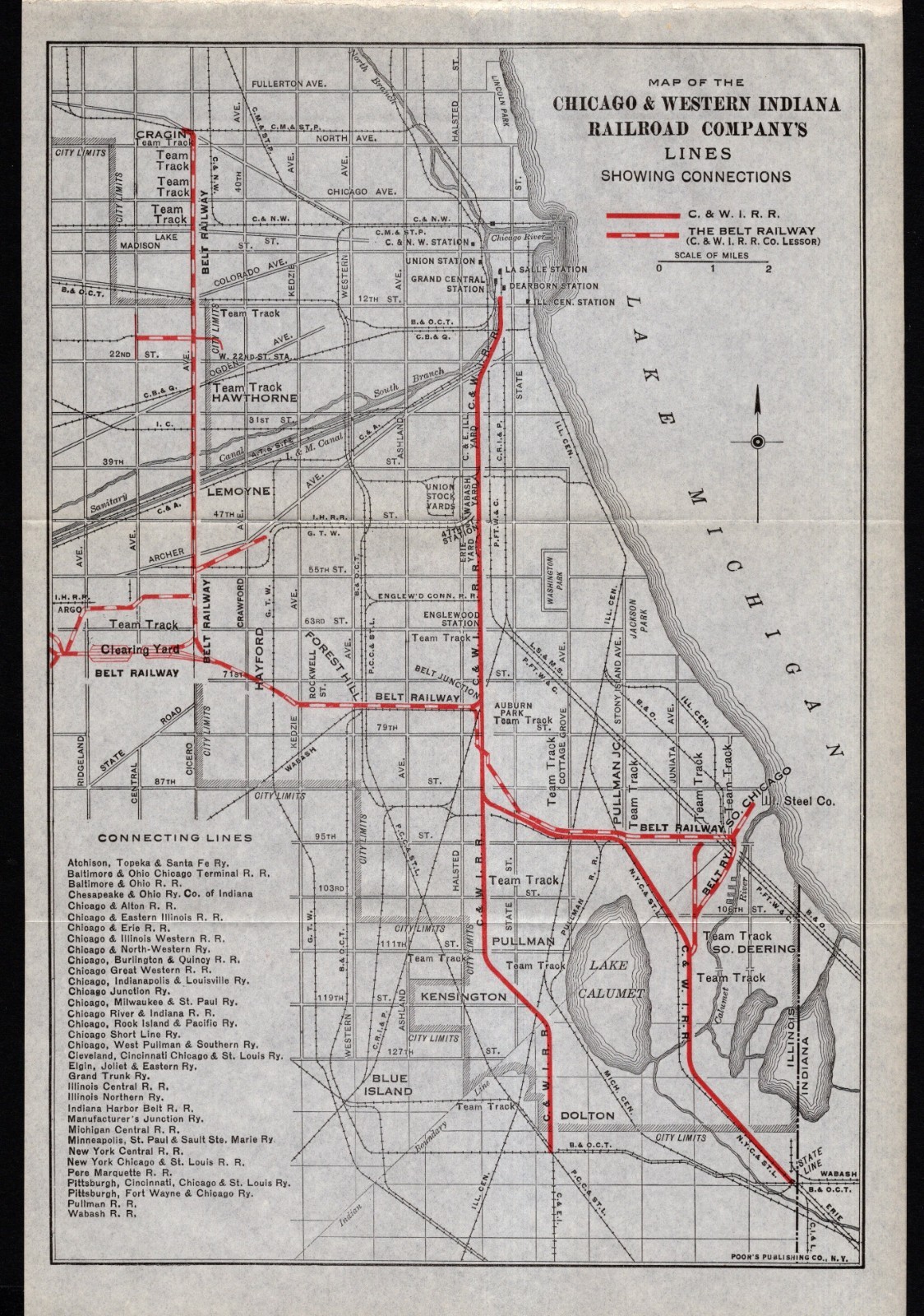 1920 Antique Chicago & Western Indiana Railroad Map Atchison Wabash & More 2938