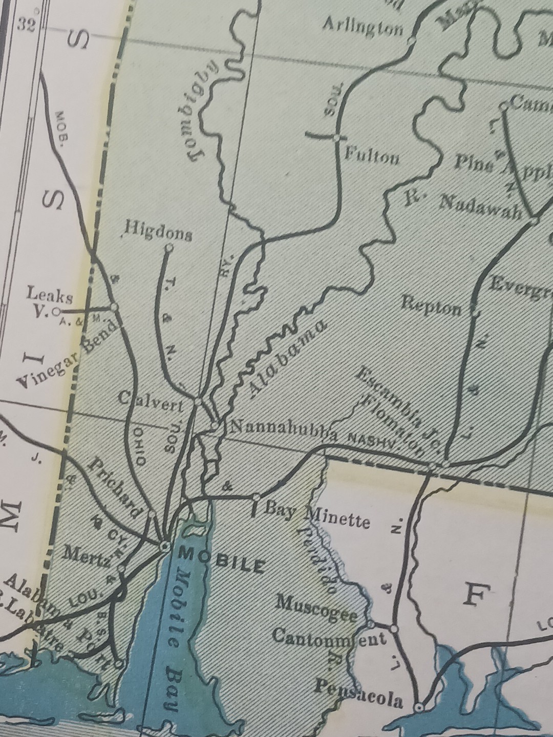 1905 Train Route Map Alabama & Georgia ALL Railroad Company Lines Marked 11x 9″