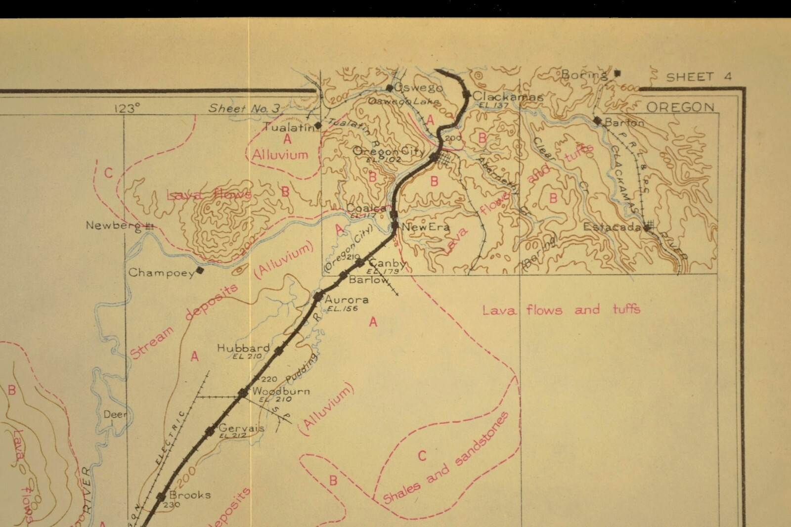 1915 Antique Southern Pacific Railroad Map Salem Oregon City Woodburn Geological
