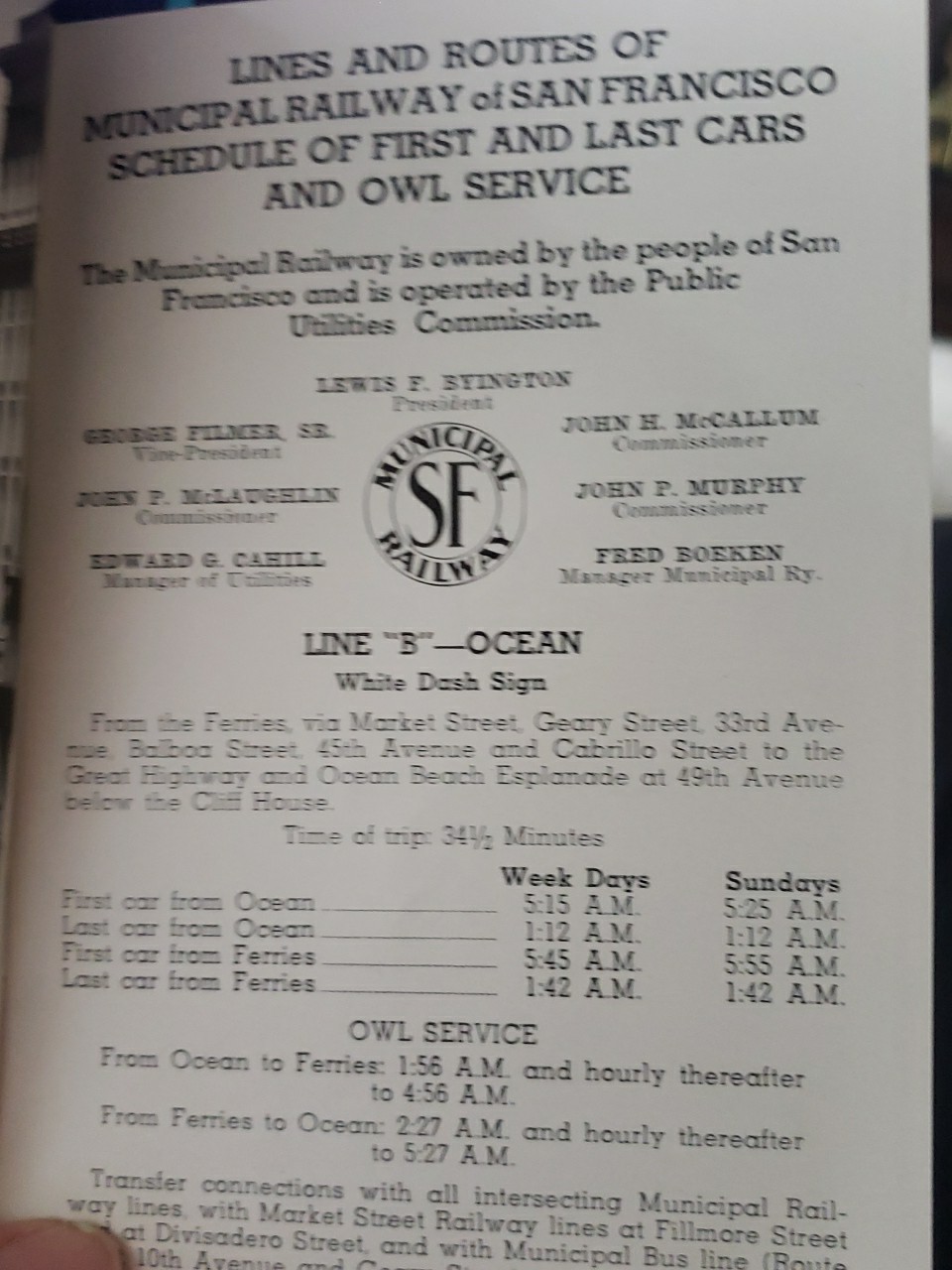 San Francisco Municipal Railway Schedule & Map Cars and Owls Service late 1930s