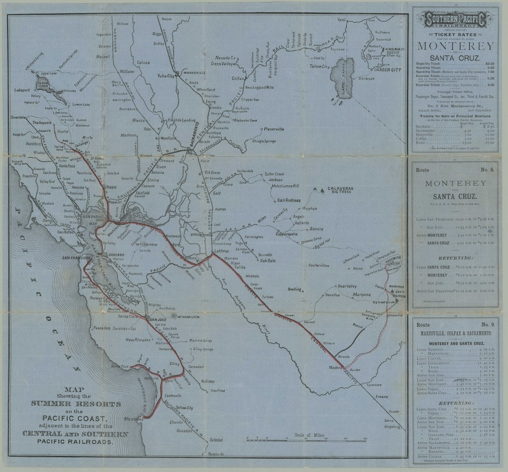 1883 Map of Summer Resort Railroad Routes, San Francisco Bay, Yosemite, Monterey