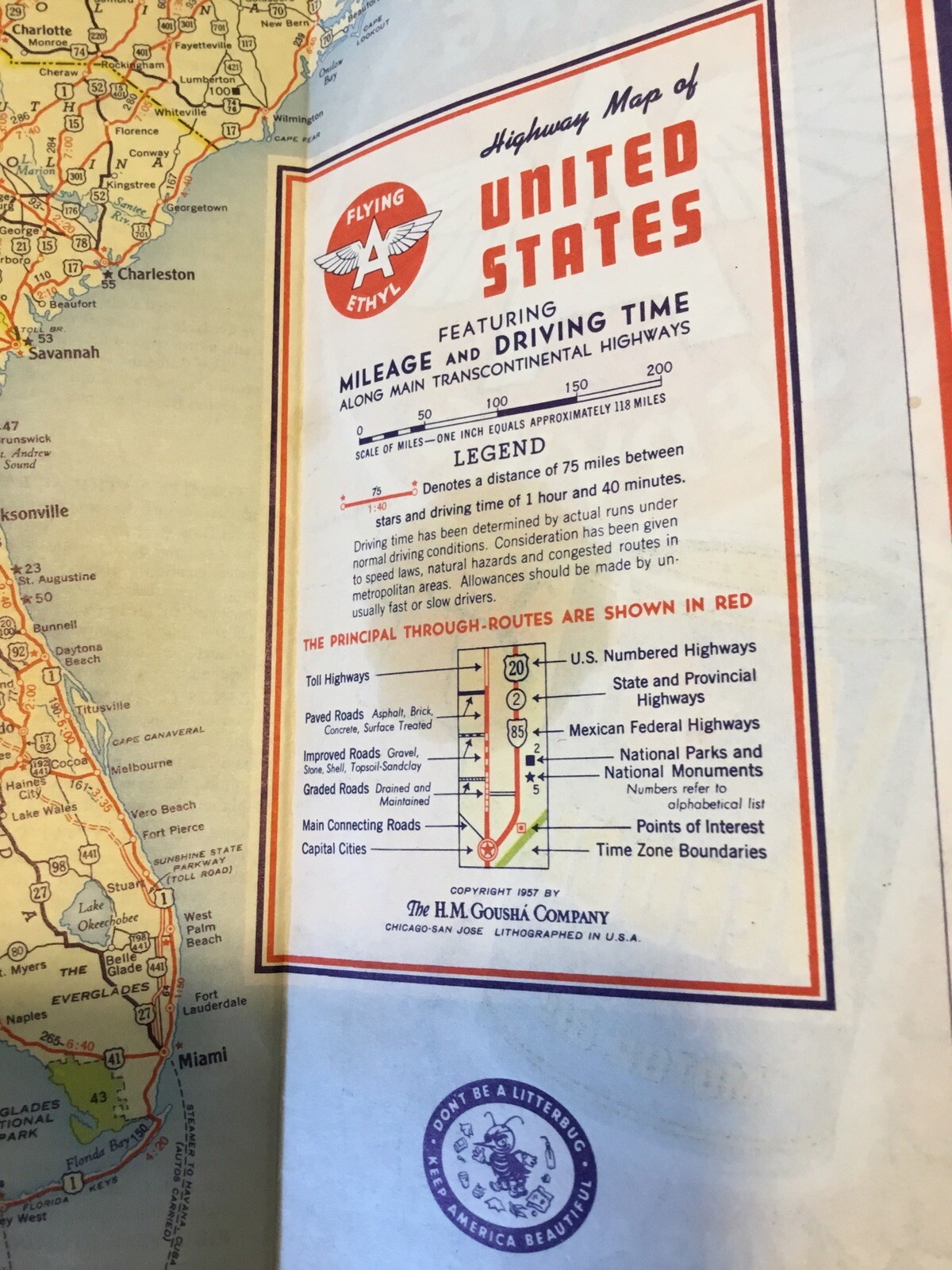 Flying A1957 RARE Map of the United States Great Shape Ships Free