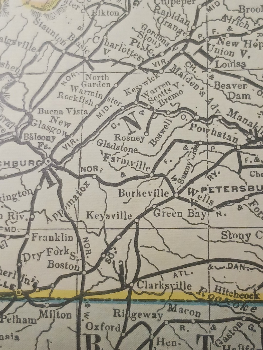 ~1898 Railroad Map Mid Atlantic Virginia Maryland WV SC NC DE Train Routes 11×9″